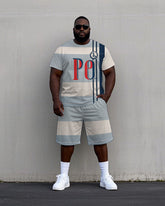 Men's Big Size Simple Stripe PO Printed Casual Short Sleeve T-Shirt and Shorts Set